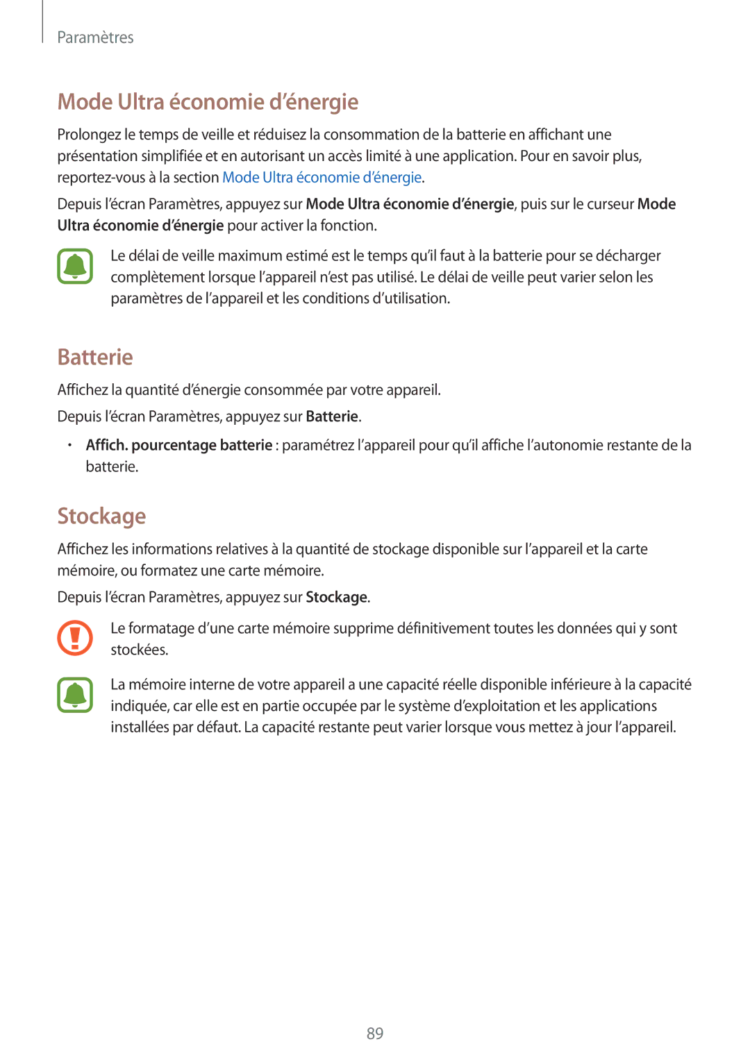 Samsung SM-G388FDSASFR, SM-G388FDSAXEF, SM-G388FDSAFTM manual Mode Ultra économie d’énergie, Batterie, Stockage 