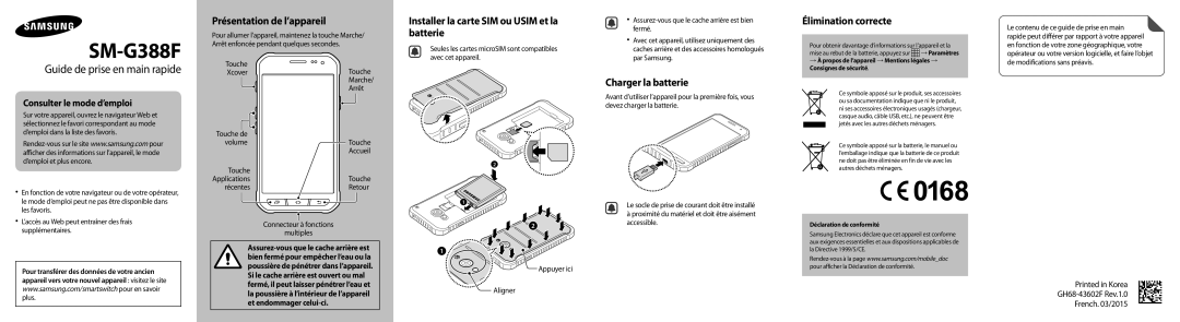 Samsung SM-G388FDSAFTM, SM-G388FDSAXEF manual Présentation de l’appareil, Installer la carte SIM ou Usim et la batterie 