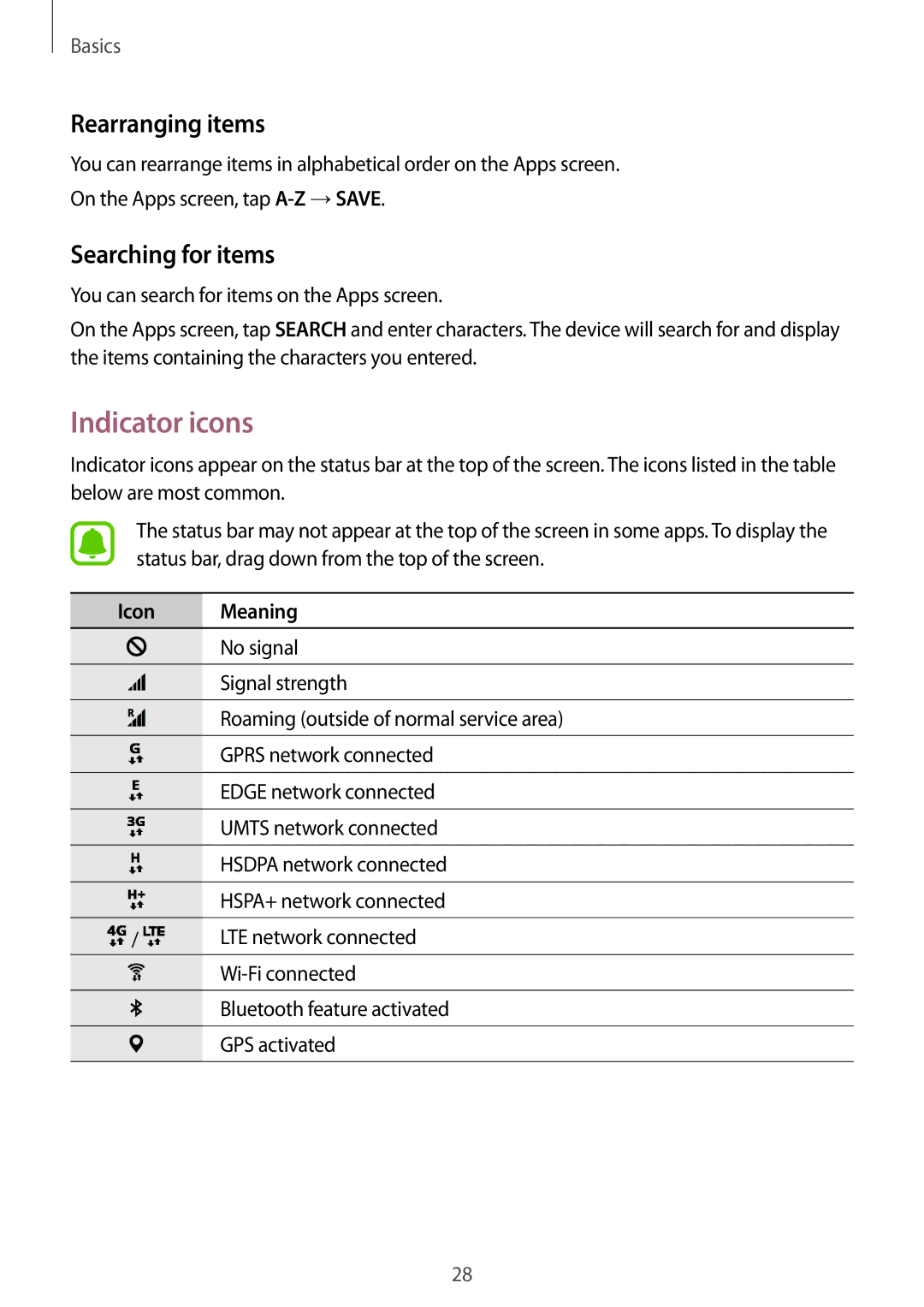 Samsung SM2G389FDSAETL, SM-G389FDSADBT, SM-G389FDSAXEF manual Indicator icons, Rearranging items, Searching for items 