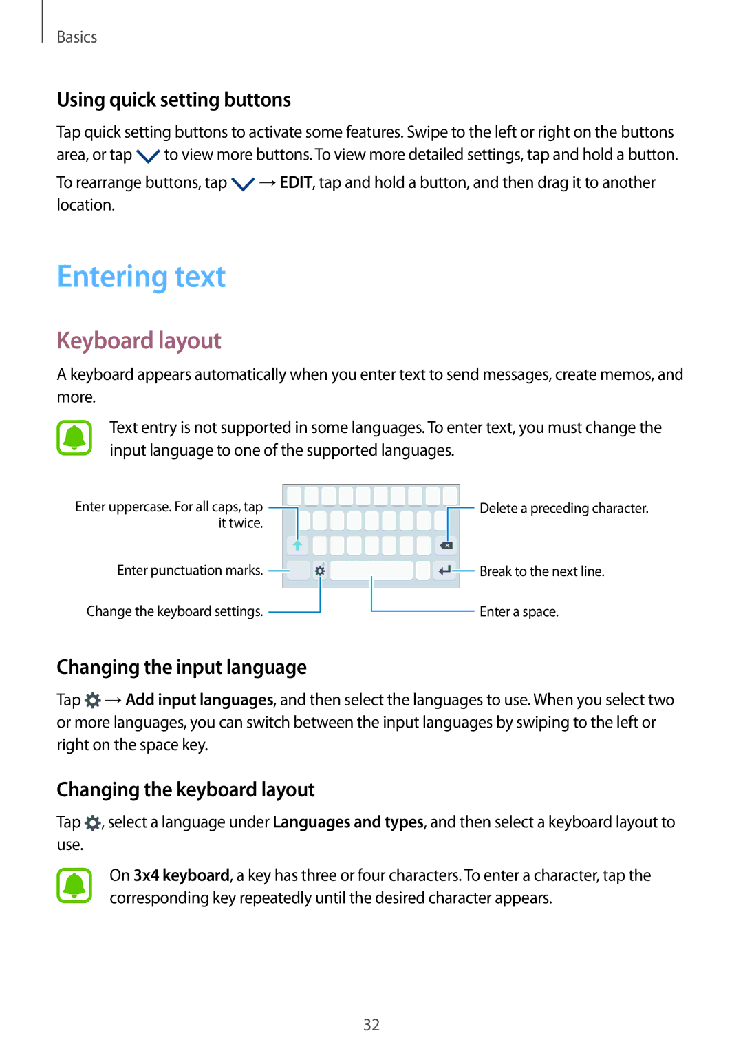 Samsung SM-G389FDSASEB manual Entering text, Keyboard layout, Using quick setting buttons, Changing the input language 