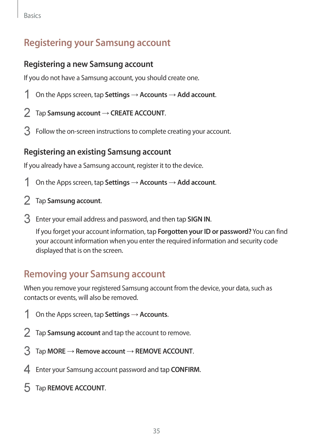 Samsung SM-G389FDSACOS Registering your Samsung account, Removing your Samsung account, Registering a new Samsung account 