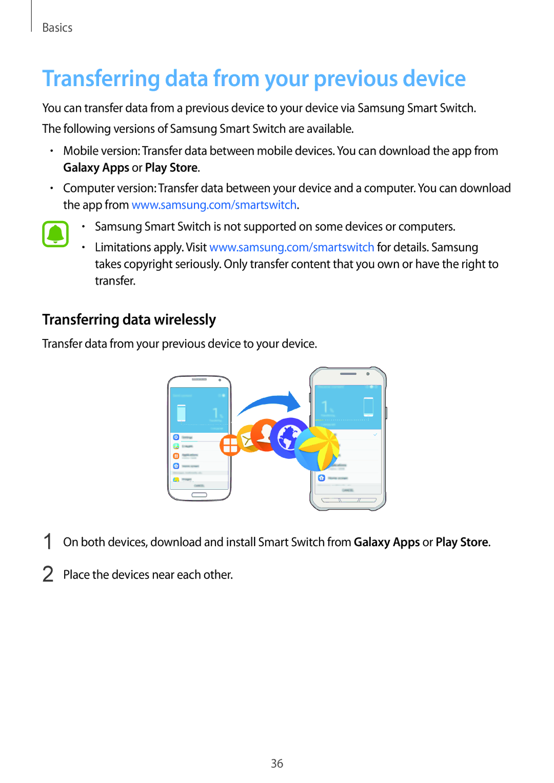 Samsung SM-G389FDSASER, SM-G389FDSADBT manual Transferring data from your previous device, Transferring data wirelessly 