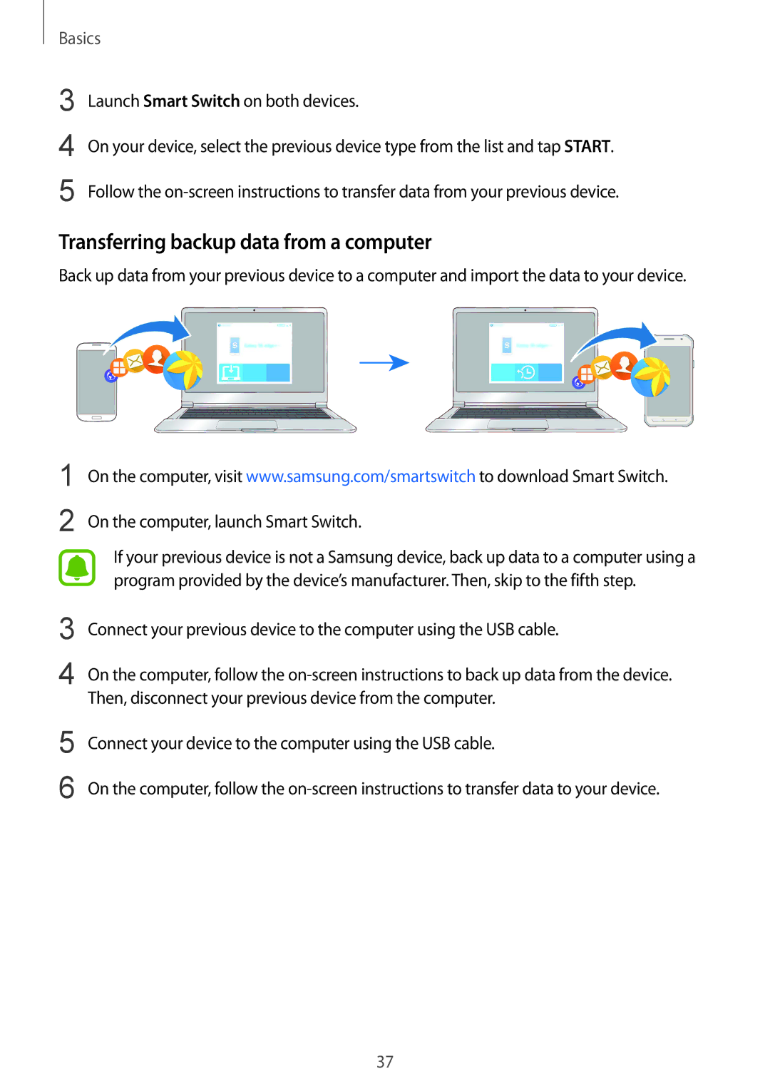 Samsung SM-G389FDSADBT, SM-G389FDSAXEF manual Transferring backup data from a computer, On the computer, launch Smart Switch 