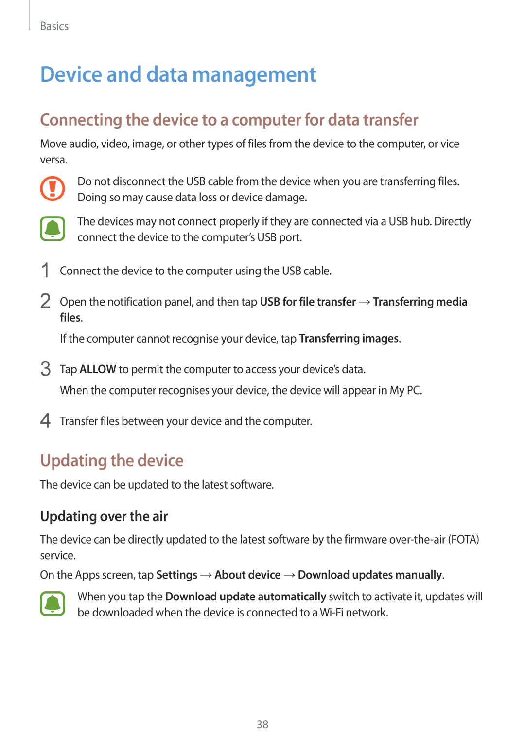 Samsung SM-G389FDSAXEF, SM-G389FDSADBT Device and data management, Connecting the device to a computer for data transfer 