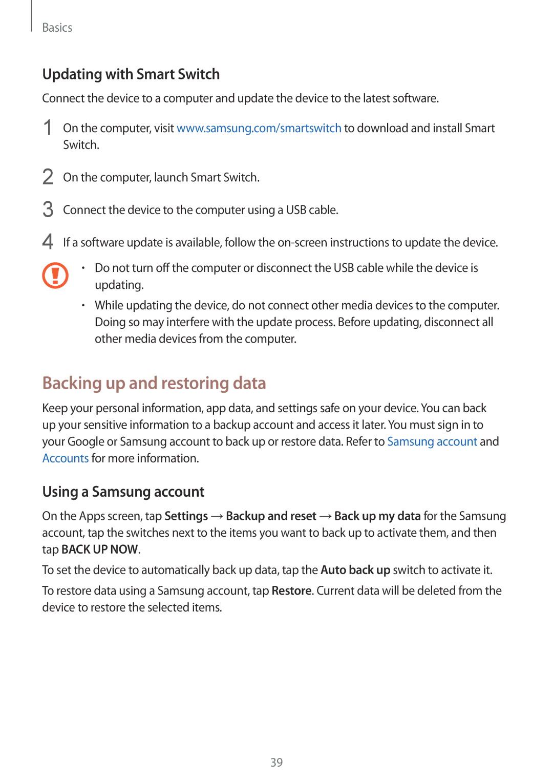 Samsung SM-G389FDSAITV, SM-G389FDSADBT Backing up and restoring data, Updating with Smart Switch, Using a Samsung account 