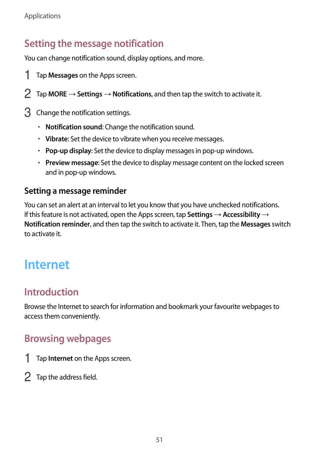 Samsung SM2G389FDSAVDC manual Internet, Setting the message notification, Browsing webpages, Setting a message reminder 