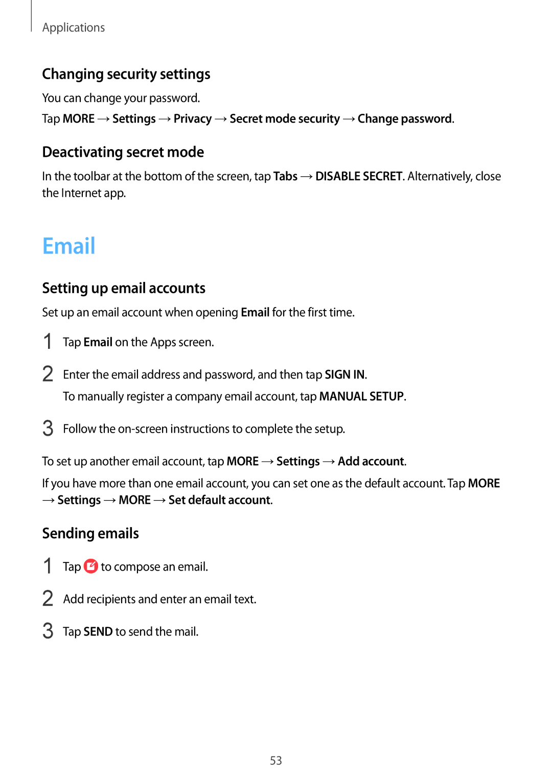 Samsung SM-G389FDSAAUT Changing security settings, Deactivating secret mode, Setting up email accounts, Sending emails 