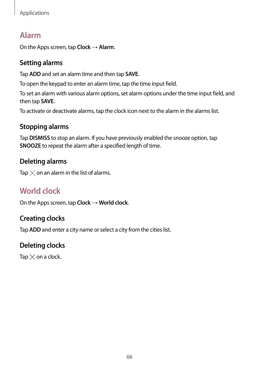 Samsung SM-G389FDSATMS, SM-G389FDSADBT, SM-G389FDSAXEF, SM-G389FDSAITV, SM-G389FDSAPHE, SM-G389FDSAXEO manual Alarm, World clock 