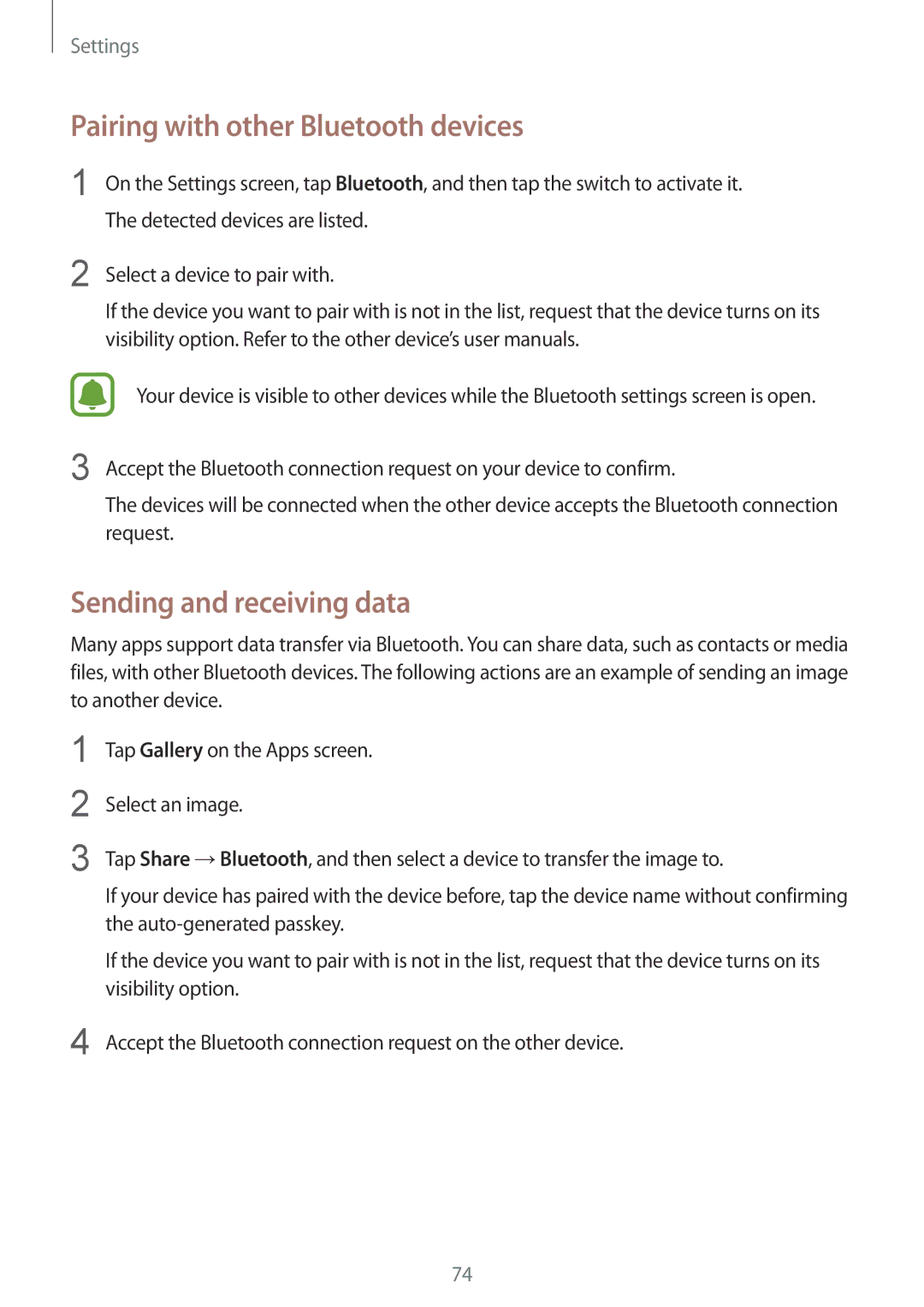 Samsung SM-G389FDSADBT, SM-G389FDSAXEF, SM-G389FDSAITV Pairing with other Bluetooth devices, Sending and receiving data 