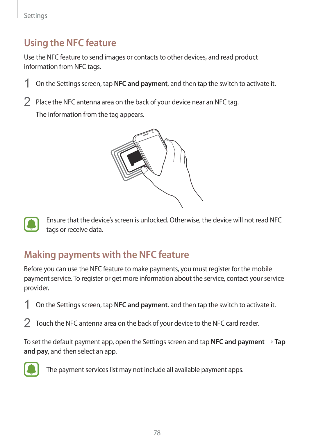 Samsung SM-G389FDSAXEO, SM-G389FDSADBT, SM-G389FDSAXEF manual Using the NFC feature, Making payments with the NFC feature 