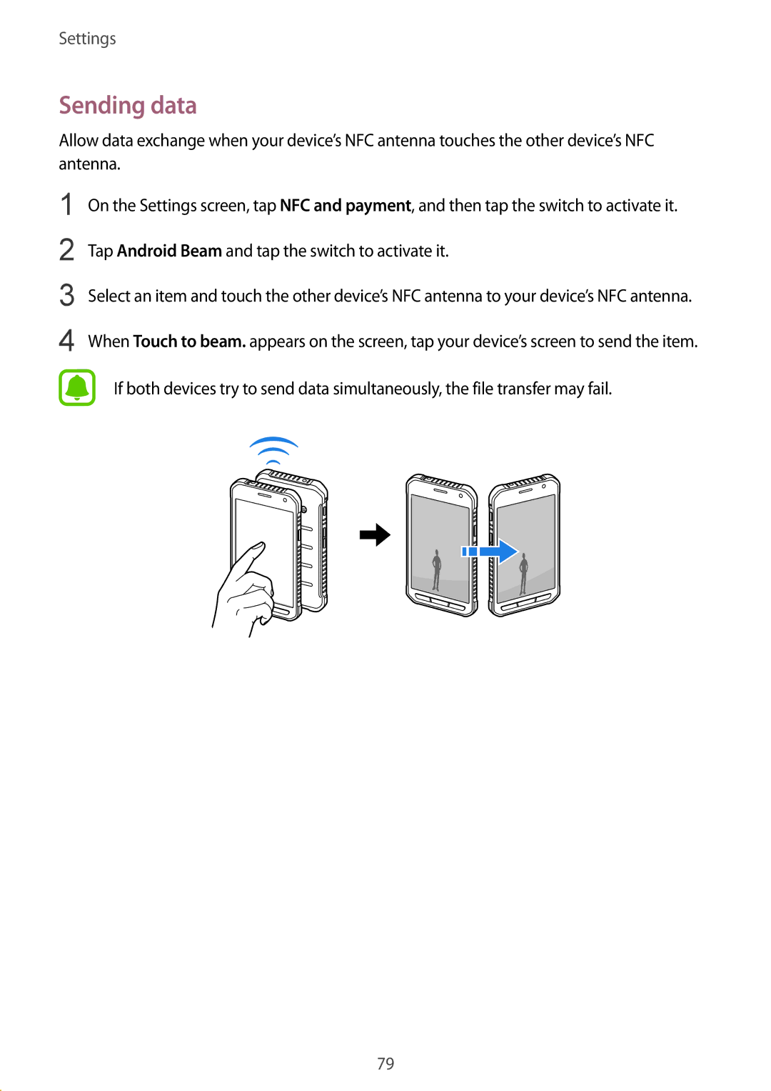 Samsung SM-G389FDSAATL, SM-G389FDSADBT, SM-G389FDSAXEF Sending data, Tap Android Beam and tap the switch to activate it 