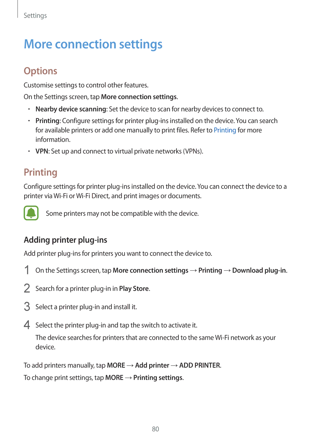 Samsung SM-G389FDSABGL, SM-G389FDSADBT, SM-G389FDSAXEF More connection settings, Options, Printing, Adding printer plug-ins 