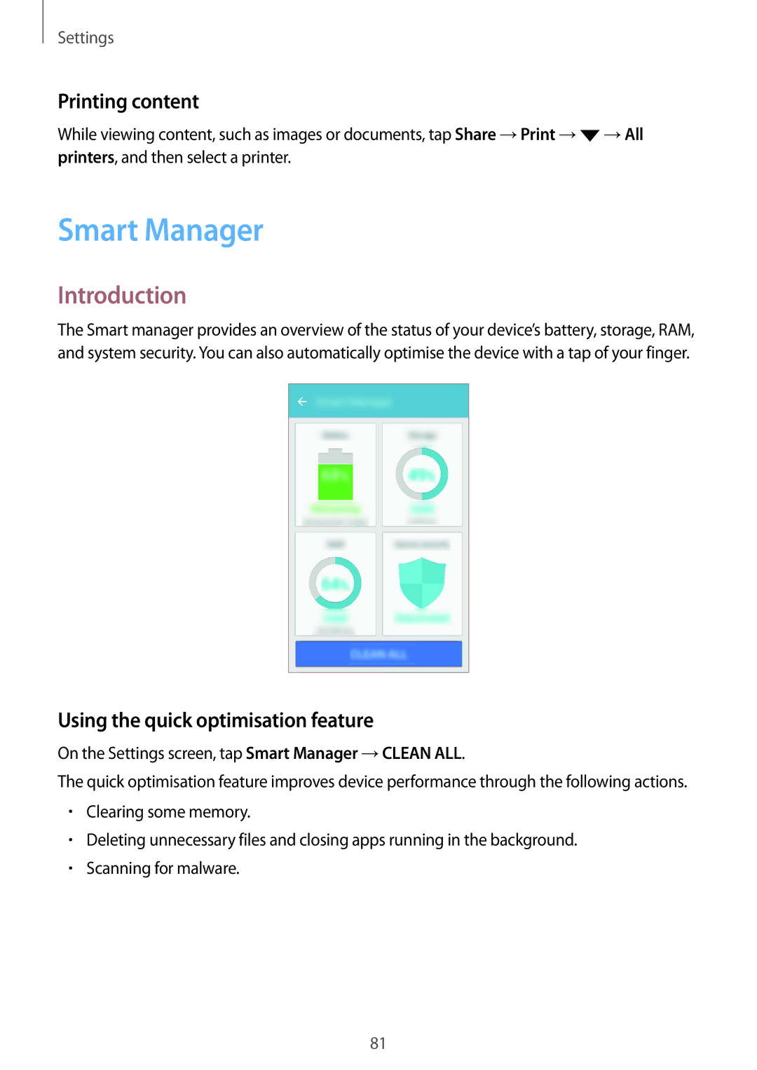 Samsung SM2G389FDSABGL, SM-G389FDSADBT manual Smart Manager, Printing content, Using the quick optimisation feature 