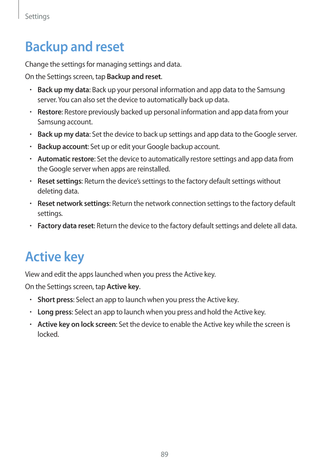 Samsung SM2G389FDSAORX, SM-G389FDSADBT, SM-G389FDSAXEF, SM-G389FDSAITV, SM-G389FDSAPHE manual Backup and reset, Active key 