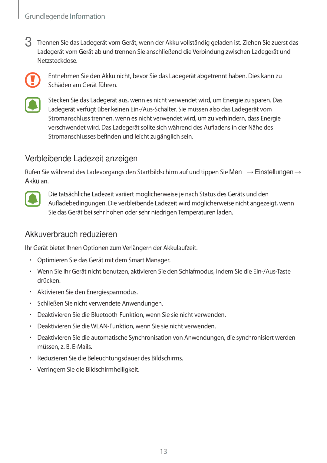 Samsung SM-G389FDSADBT manual Verbleibende Ladezeit anzeigen, Akkuverbrauch reduzieren 