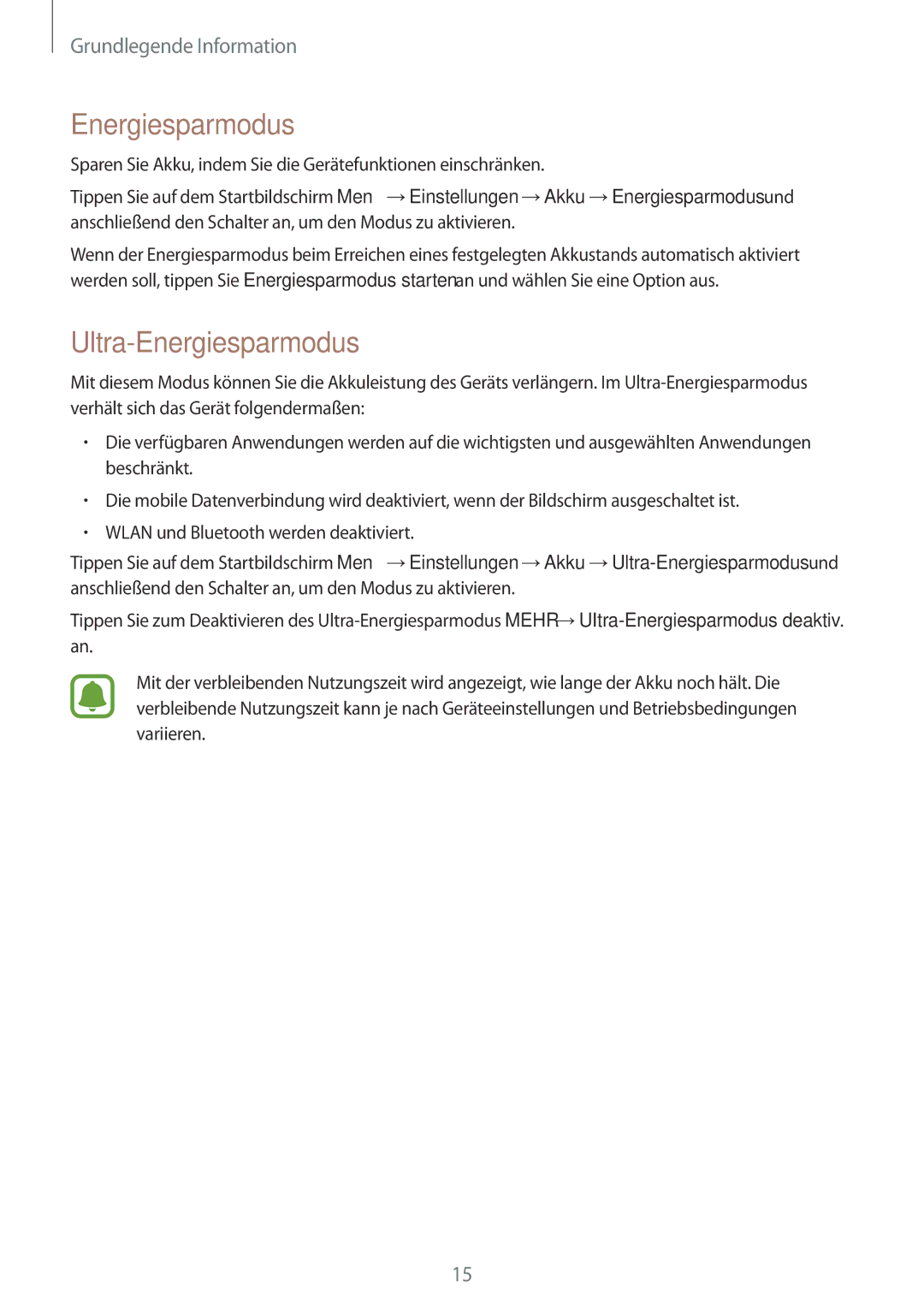 Samsung SM-G389FDSADBT manual Ultra-Energiesparmodus 