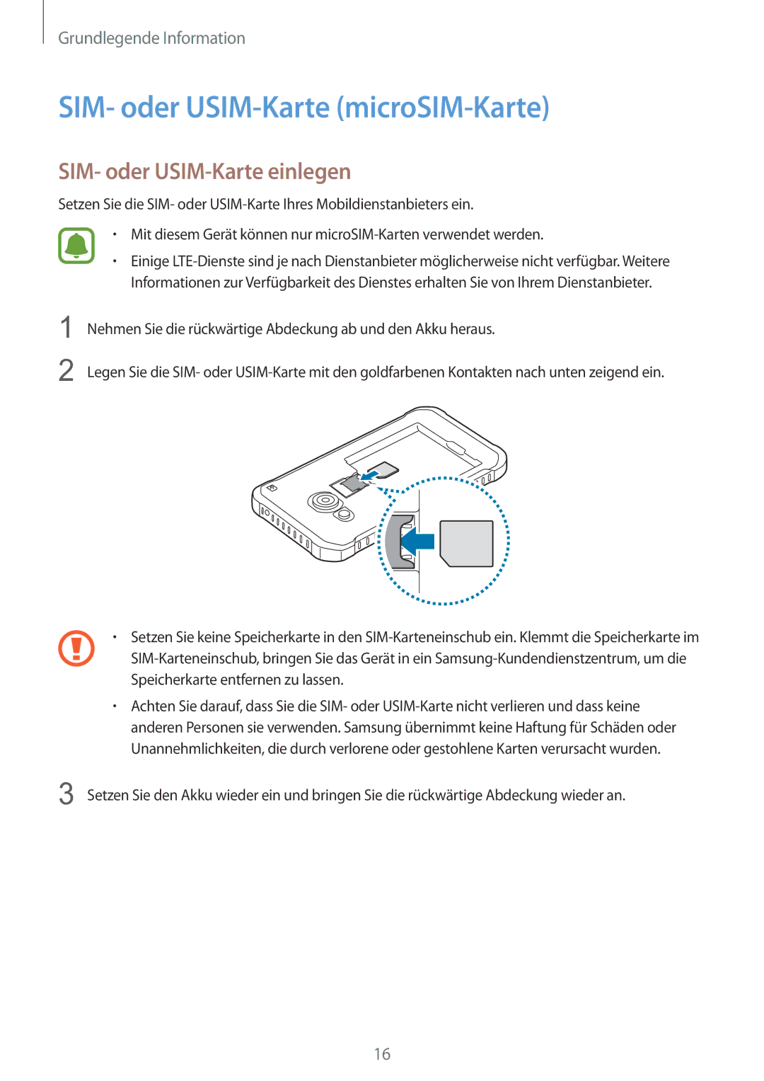 Samsung SM-G389FDSADBT manual SIM- oder USIM-Karte microSIM-Karte, SIM- oder USIM-Karte einlegen 