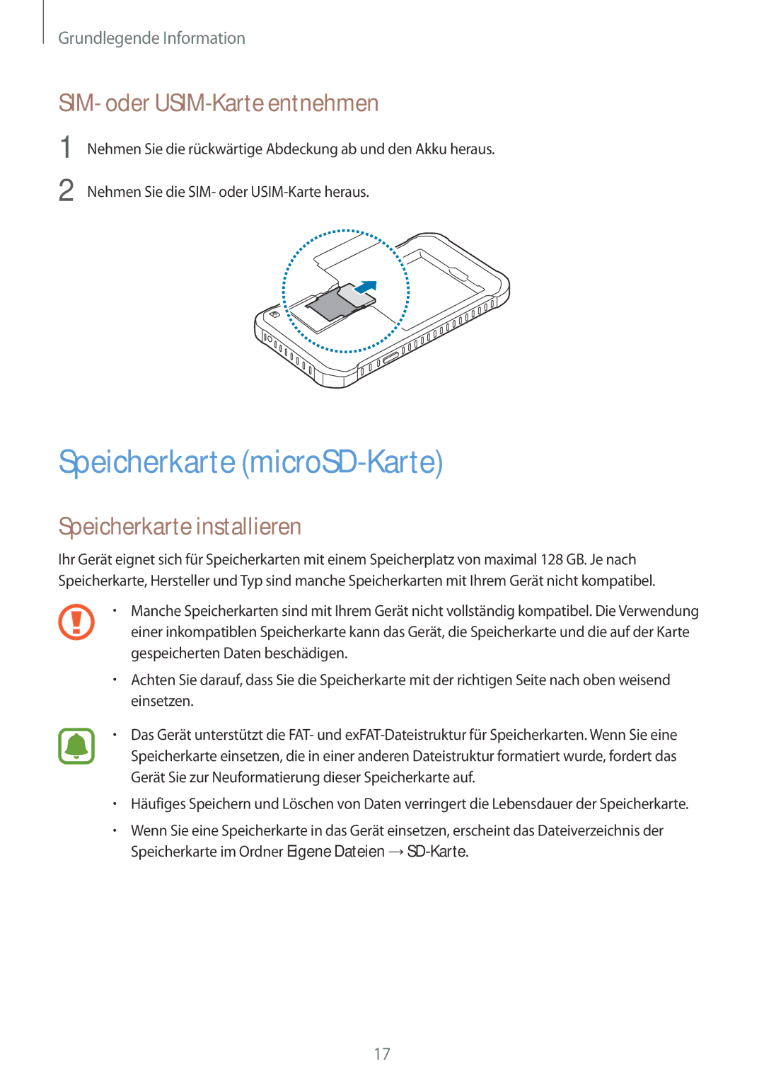 Samsung SM-G389FDSADBT manual Speicherkarte microSD-Karte, SIM- oder USIM-Karte entnehmen, Speicherkarte installieren 