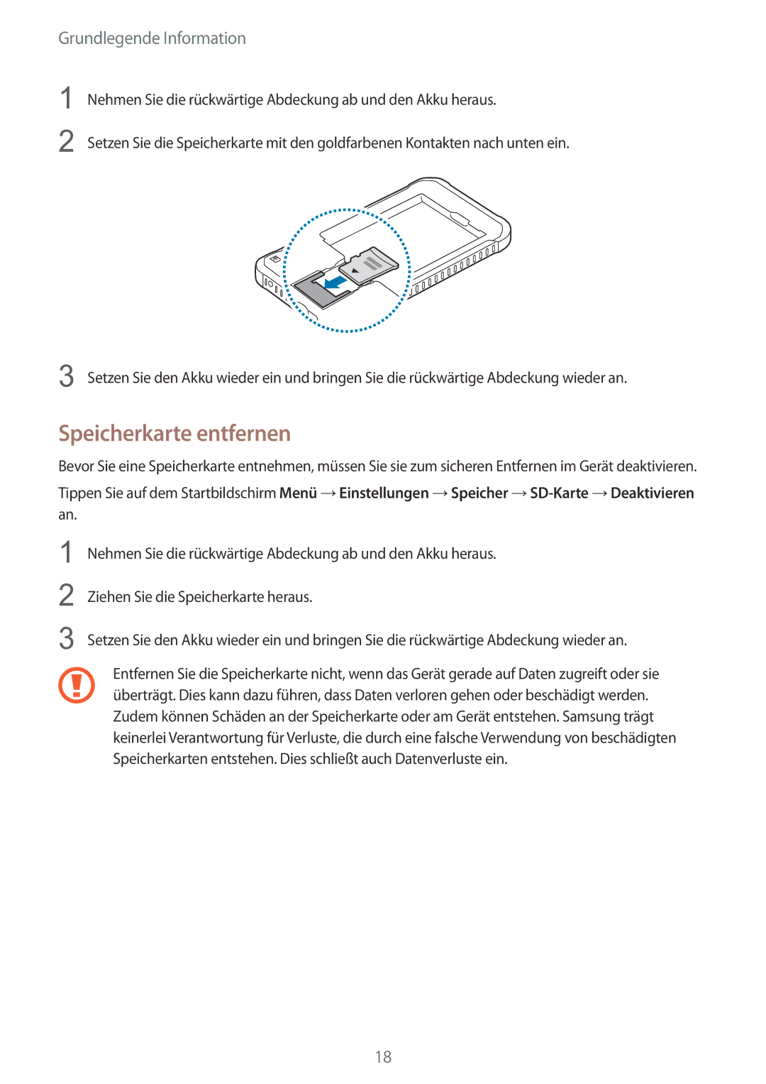 Samsung SM-G389FDSADBT manual Speicherkarte entfernen 