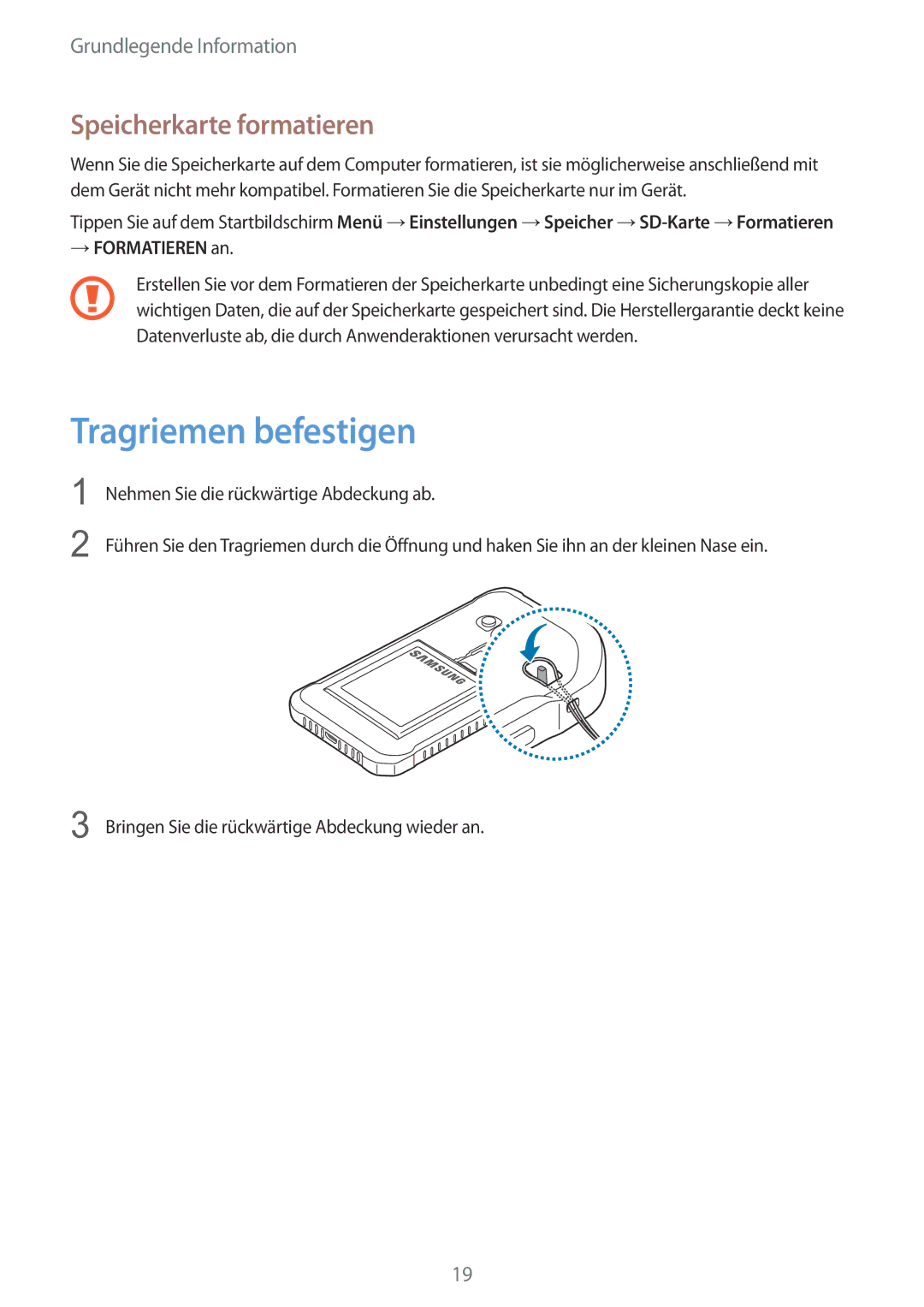 Samsung SM-G389FDSADBT manual Tragriemen befestigen, Speicherkarte formatieren 