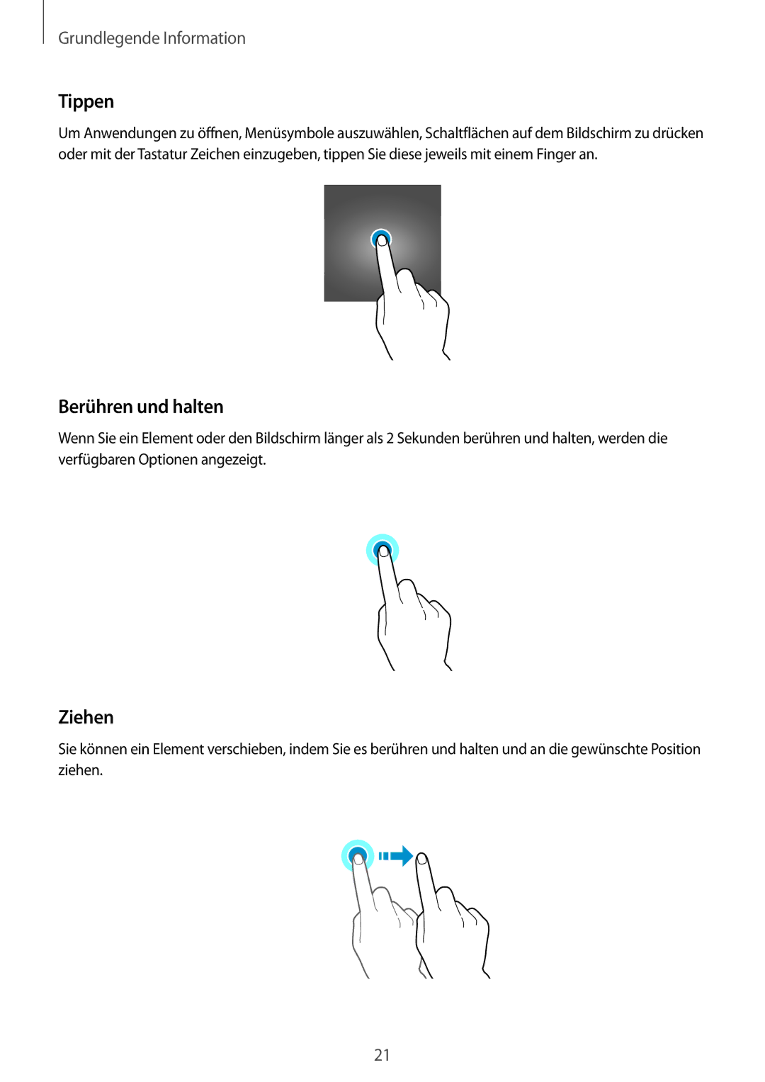 Samsung SM-G389FDSADBT manual Tippen, Berühren und halten, Ziehen 