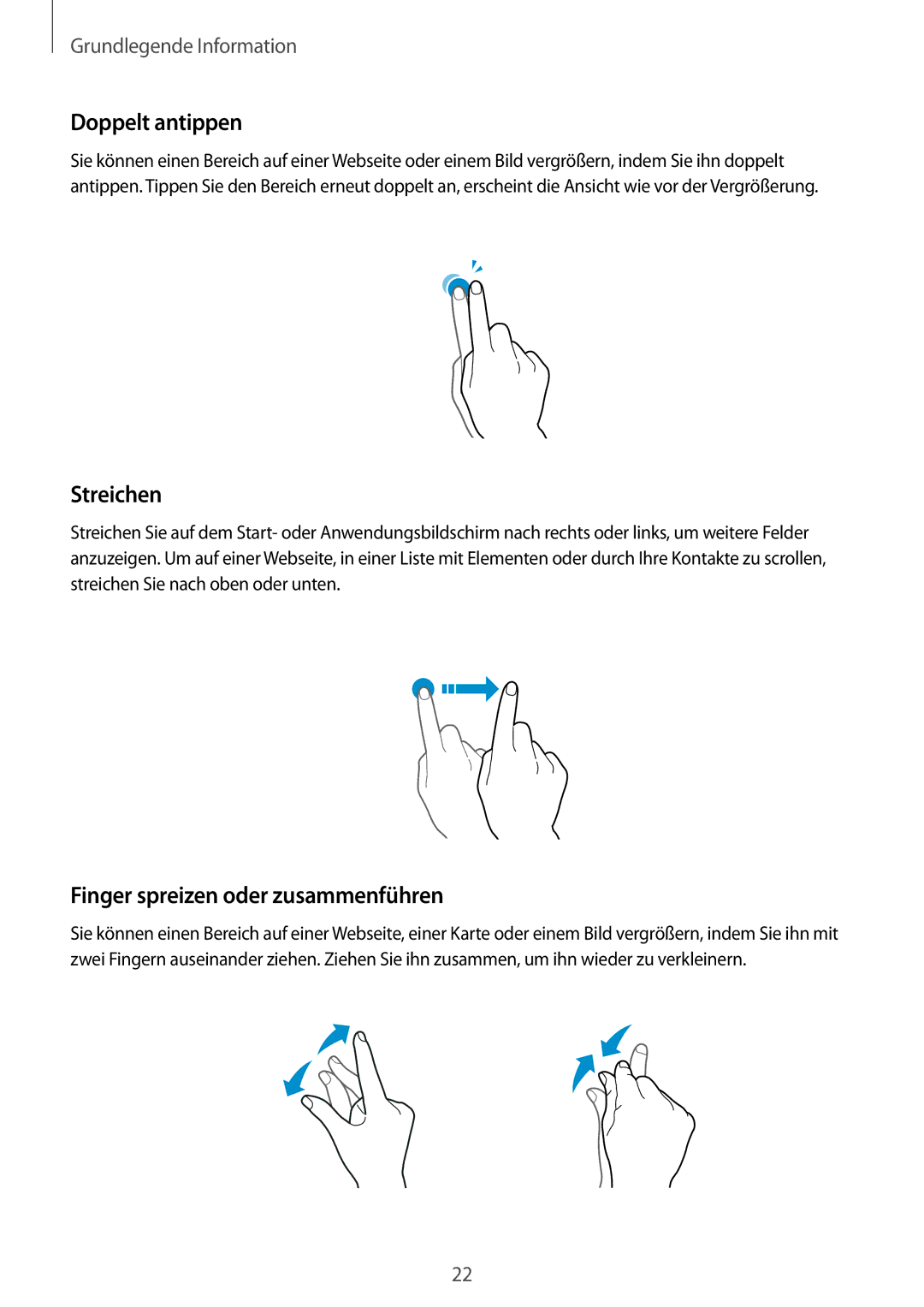 Samsung SM-G389FDSADBT manual Doppelt antippen, Streichen, Finger spreizen oder zusammenführen 