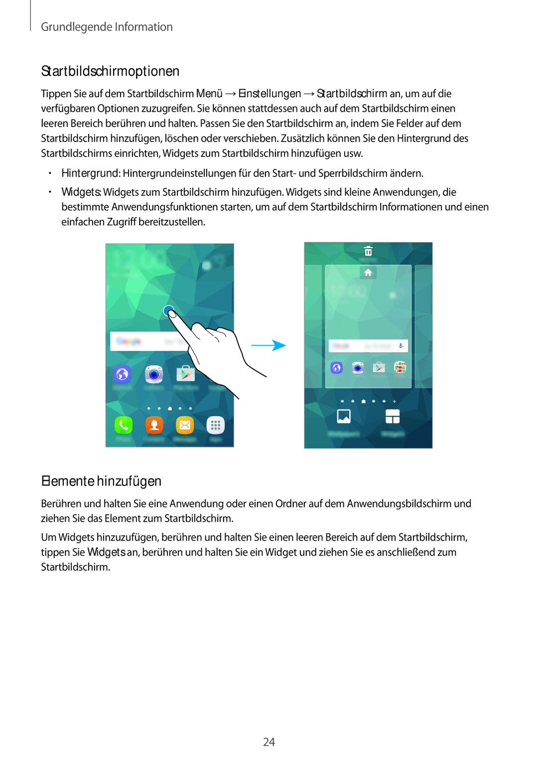 Samsung SM-G389FDSADBT manual Startbildschirmoptionen, Elemente hinzufügen 