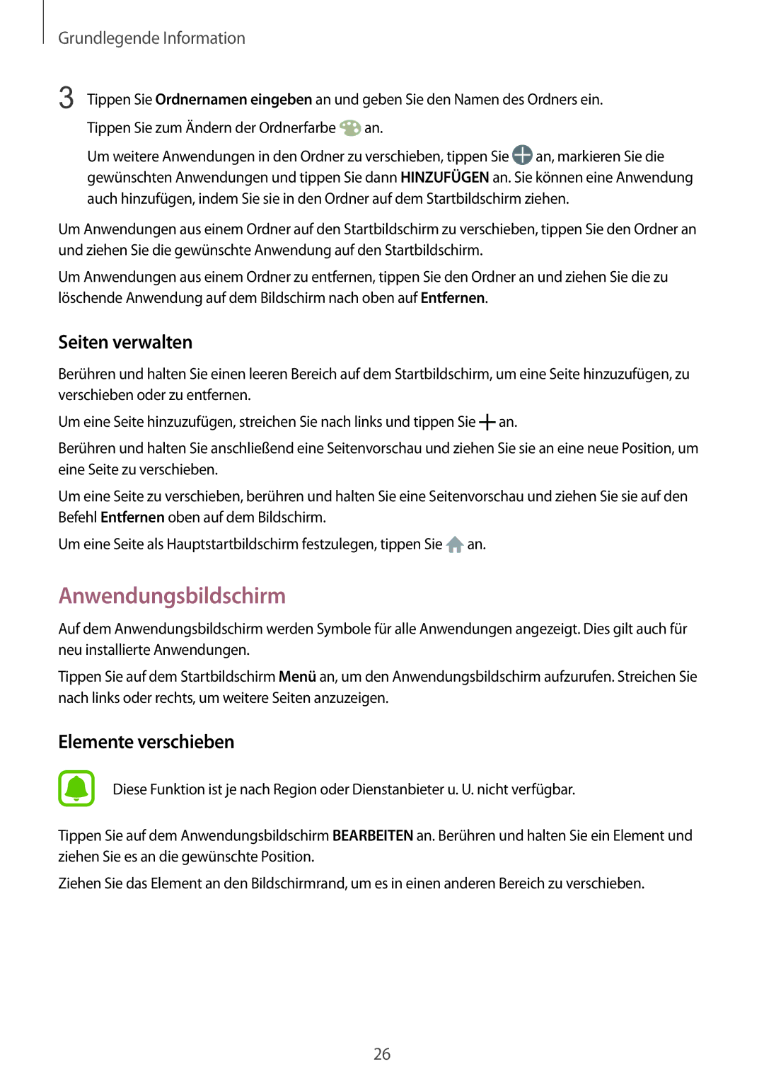 Samsung SM-G389FDSADBT manual Anwendungsbildschirm, Seiten verwalten 