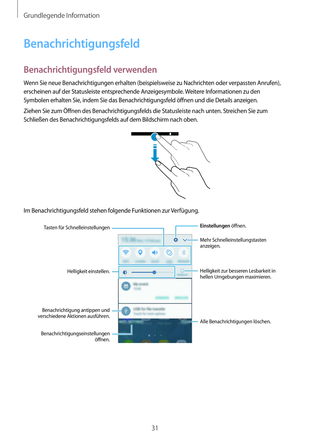 Samsung SM-G389FDSADBT manual Benachrichtigungsfeld verwenden 