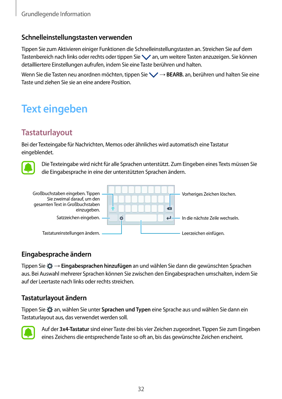 Samsung SM-G389FDSADBT manual Text eingeben, Tastaturlayout, Schnelleinstellungstasten verwenden, Eingabesprache ändern 