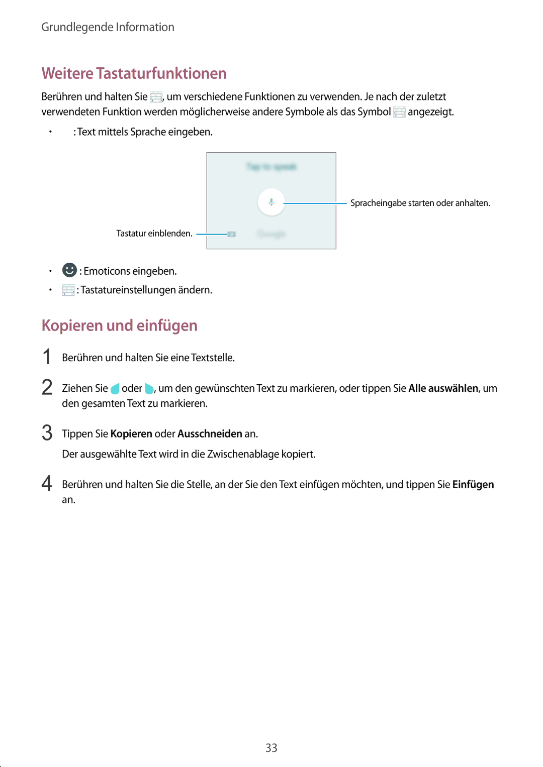 Samsung SM-G389FDSADBT manual Weitere Tastaturfunktionen, Kopieren und einfügen, Text mittels Sprache eingeben 