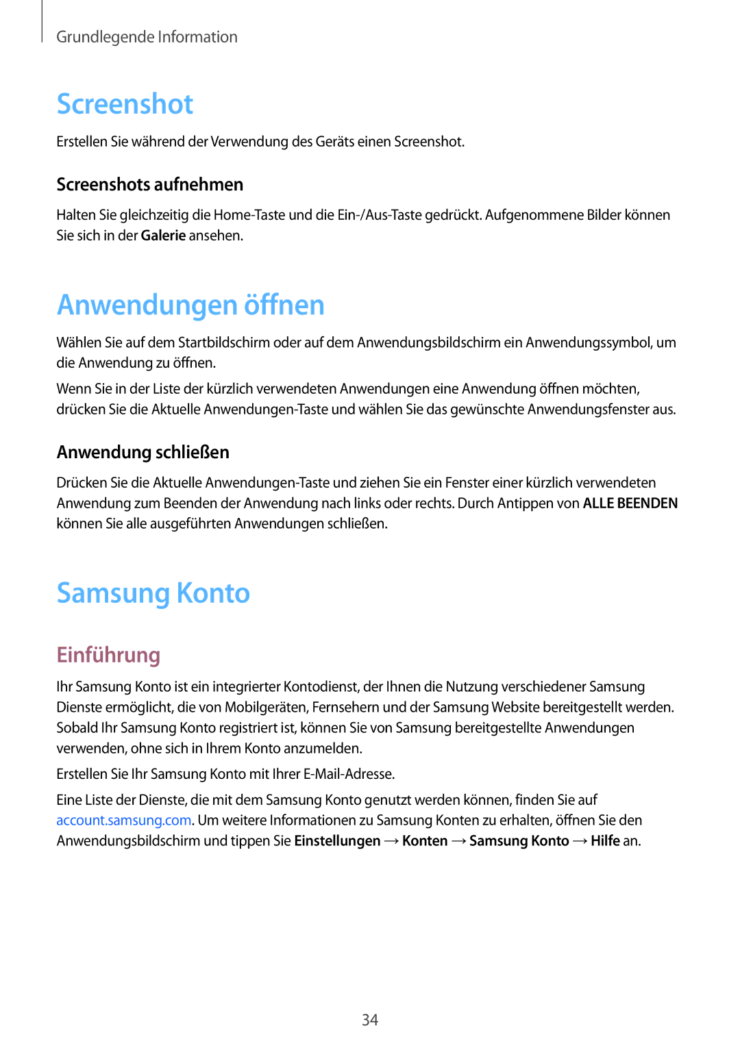 Samsung SM-G389FDSADBT manual Screenshot, Anwendungen öffnen, Samsung Konto, Einführung 