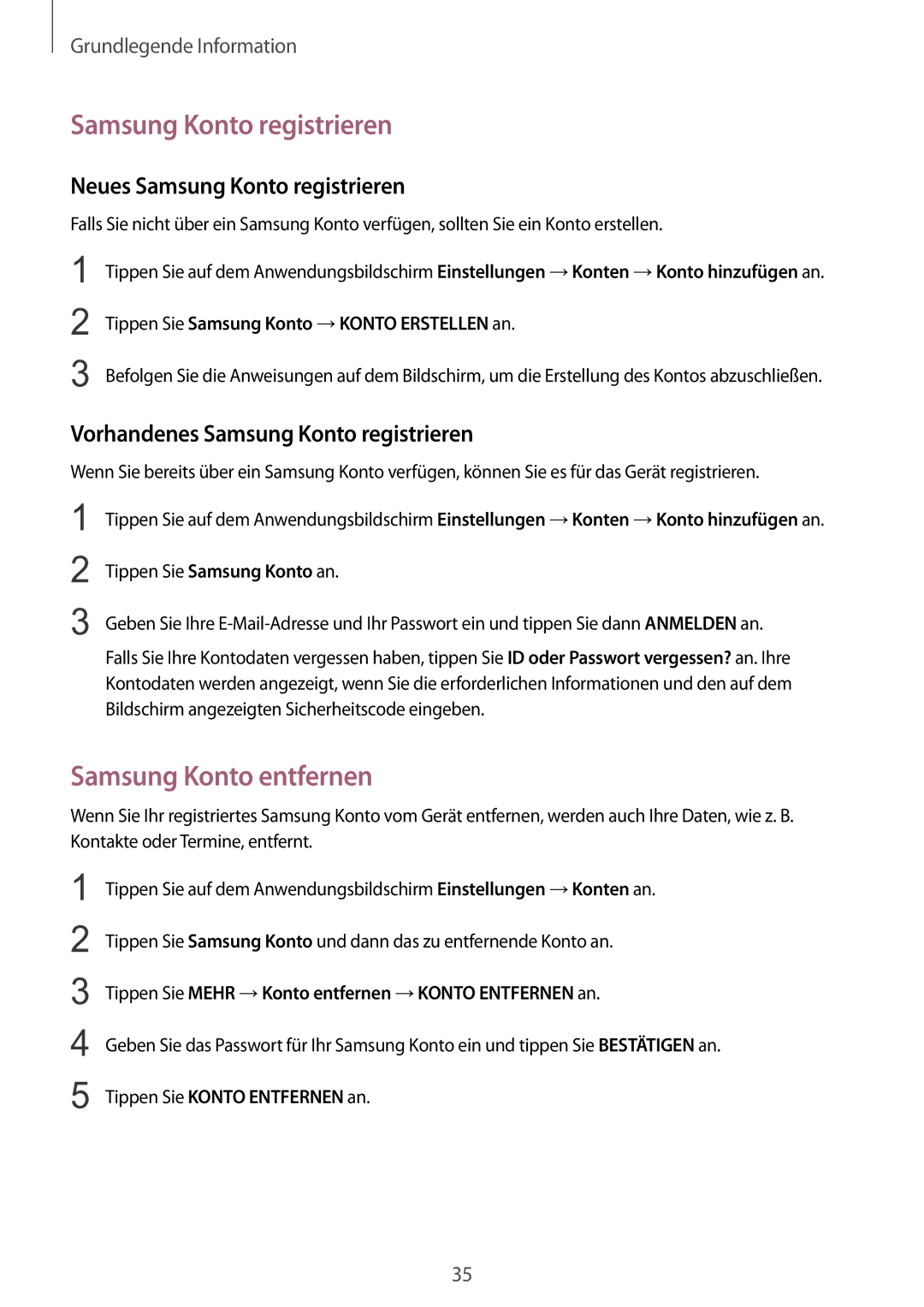 Samsung SM-G389FDSADBT manual Samsung Konto entfernen, Neues Samsung Konto registrieren 