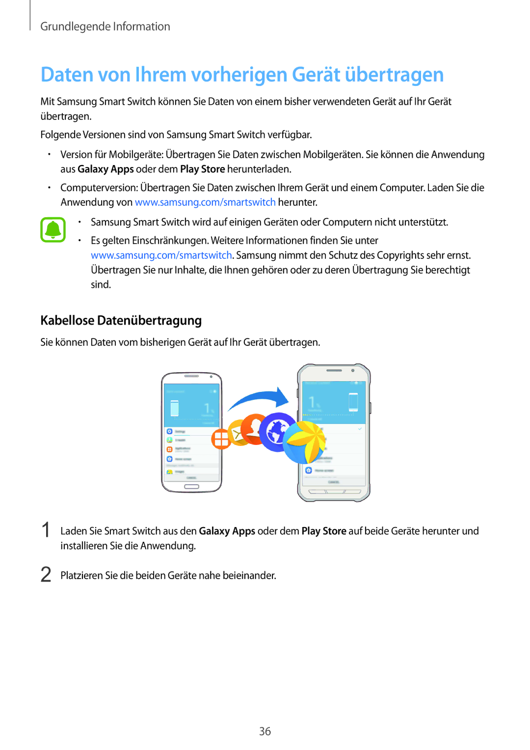 Samsung SM-G389FDSADBT manual Daten von Ihrem vorherigen Gerät übertragen, Kabellose Datenübertragung 