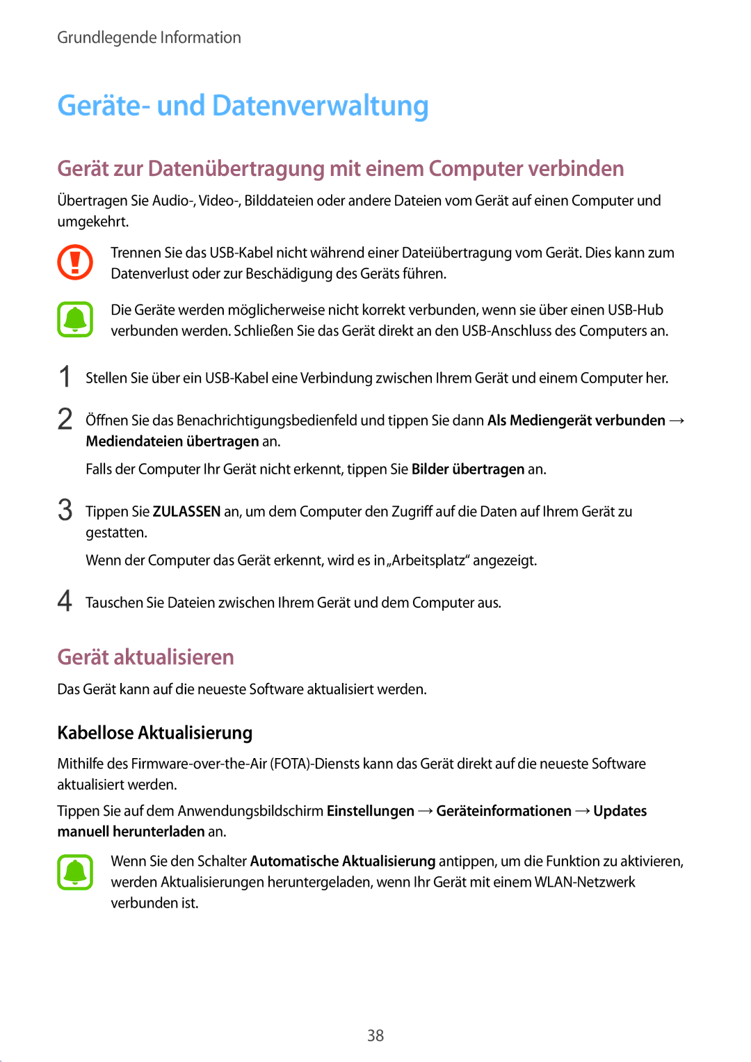 Samsung SM-G389FDSADBT manual Geräte- und Datenverwaltung, Gerät zur Datenübertragung mit einem Computer verbinden 