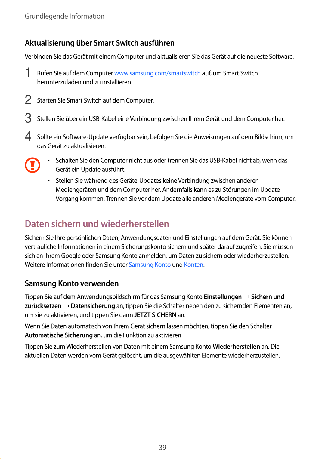 Samsung SM-G389FDSADBT manual Daten sichern und wiederherstellen, Aktualisierung über Smart Switch ausführen 