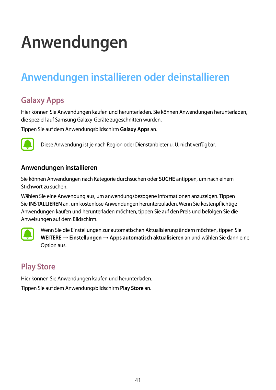 Samsung SM-G389FDSADBT manual Anwendungen installieren oder deinstallieren, Galaxy Apps, Play Store 