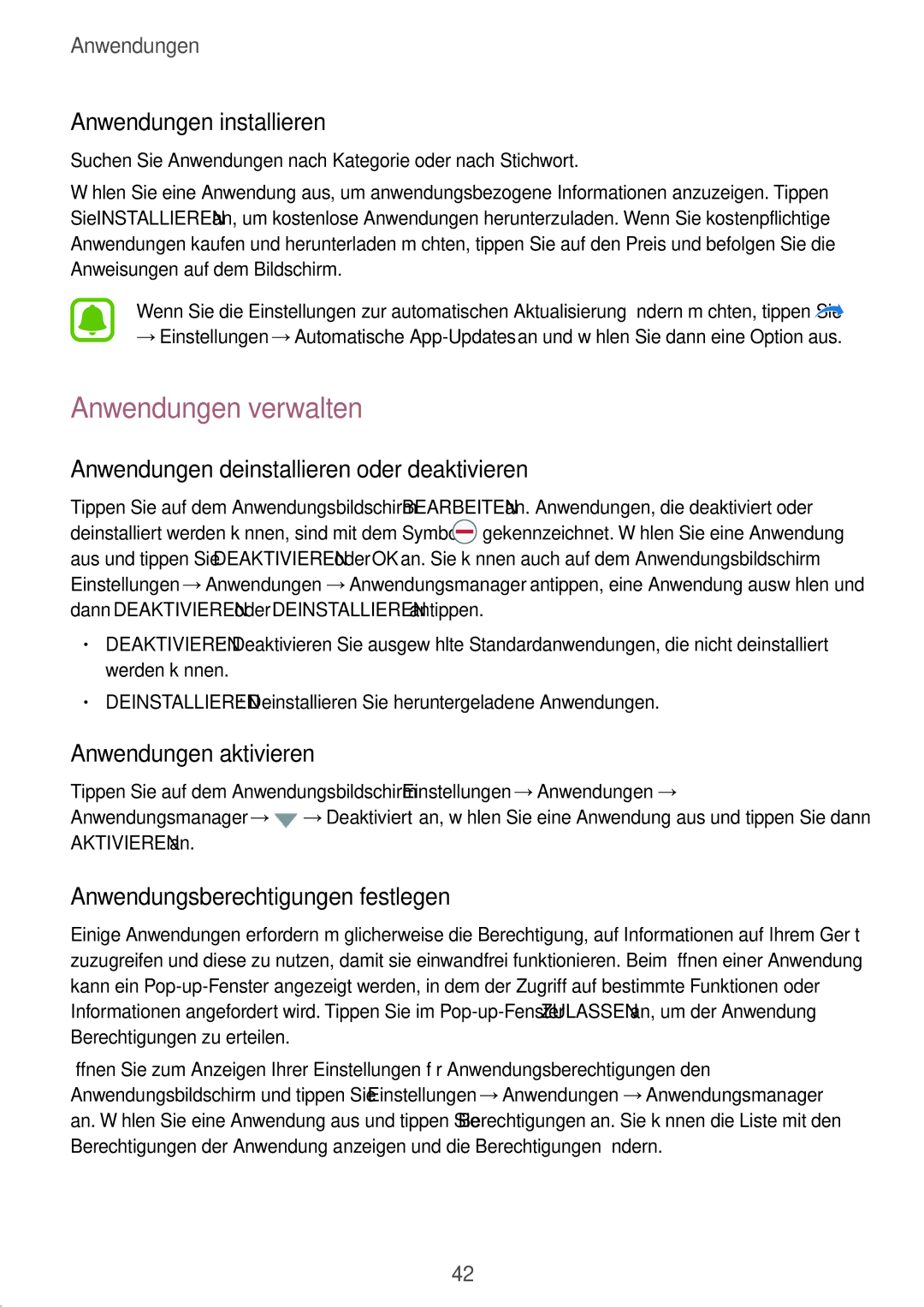 Samsung SM-G389FDSADBT manual Anwendungen verwalten, Anwendungen deinstallieren oder deaktivieren, Anwendungen aktivieren 