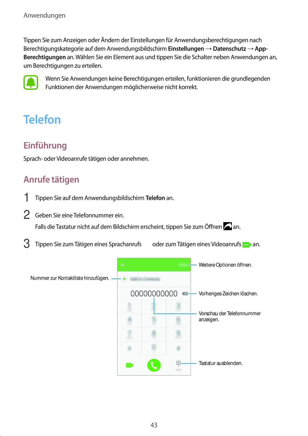 Samsung SM-G389FDSADBT manual Telefon, Anrufe tätigen, Sprach- oder Videoanrufe tätigen oder annehmen 