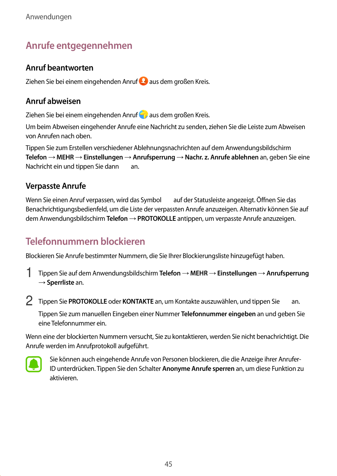 Samsung SM-G389FDSADBT manual Anrufe entgegennehmen, Telefonnummern blockieren, Anruf beantworten, Anruf abweisen 