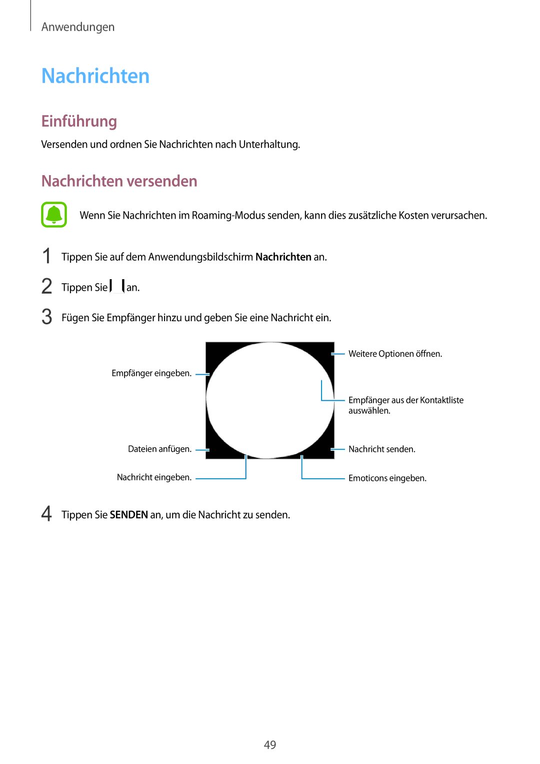 Samsung SM-G389FDSADBT manual Nachrichten versenden, Versenden und ordnen Sie Nachrichten nach Unterhaltung 