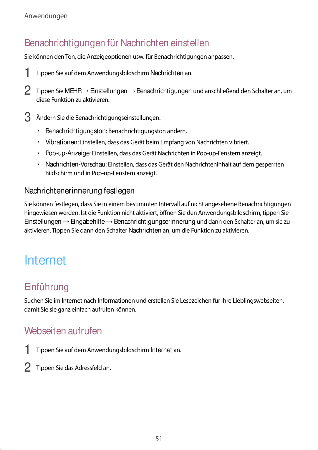 Samsung SM-G389FDSADBT manual Internet, Benachrichtigungen für Nachrichten einstellen, Webseiten aufrufen 