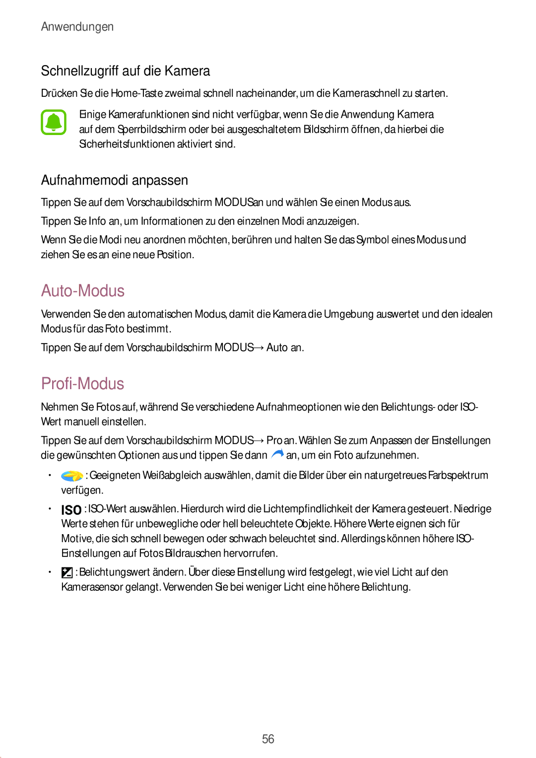 Samsung SM-G389FDSADBT manual Auto-Modus, Profi-Modus, Schnellzugriff auf die Kamera, Aufnahmemodi anpassen 
