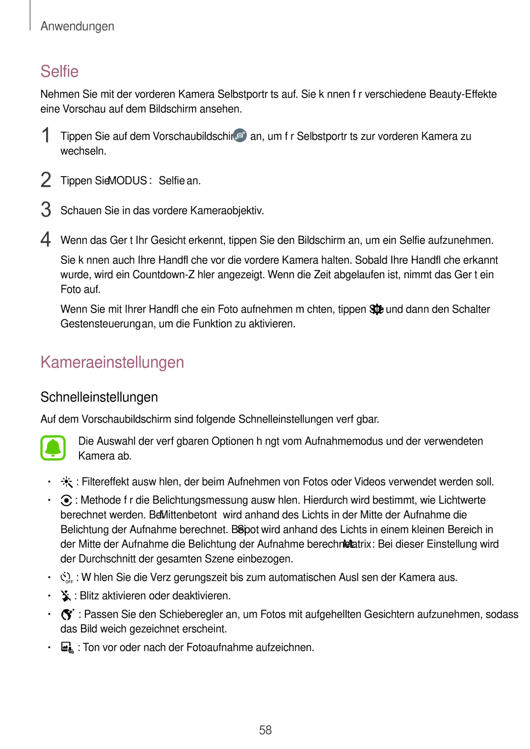 Samsung SM-G389FDSADBT manual Selfie, Kameraeinstellungen, Schnelleinstellungen 