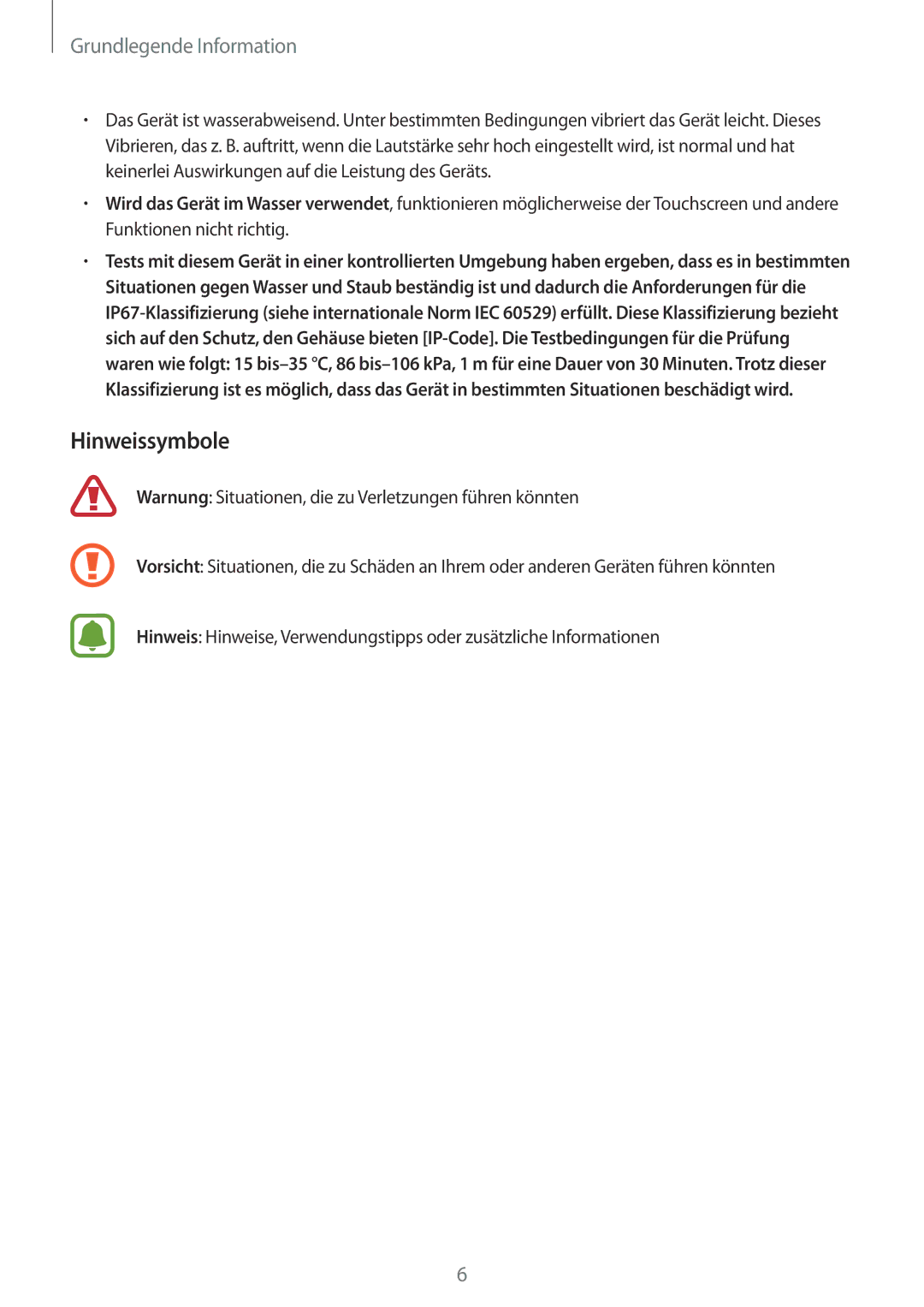 Samsung SM-G389FDSADBT manual Hinweissymbole 