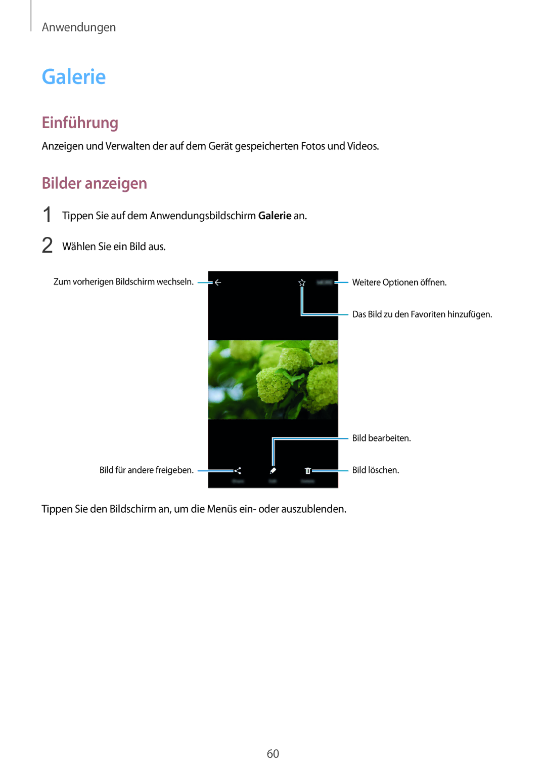 Samsung SM-G389FDSADBT manual Galerie, Bilder anzeigen, Wählen Sie ein Bild aus 