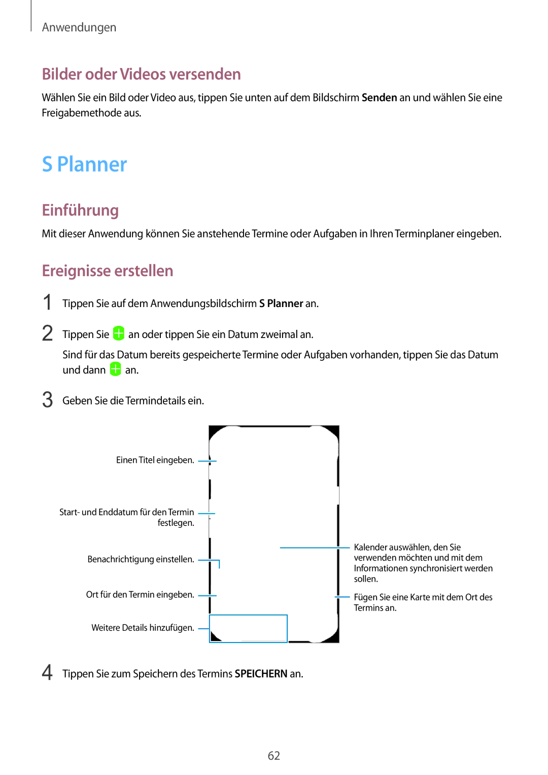 Samsung SM-G389FDSADBT manual Planner, Bilder oder Videos versenden, Ereignisse erstellen 