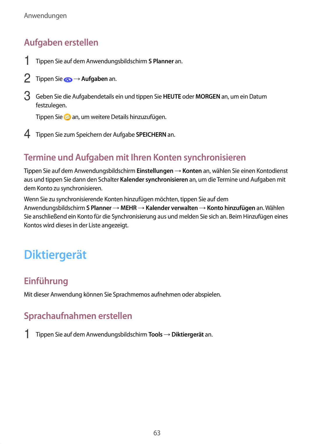 Samsung SM-G389FDSADBT manual Diktiergerät, Aufgaben erstellen, Termine und Aufgaben mit Ihren Konten synchronisieren 