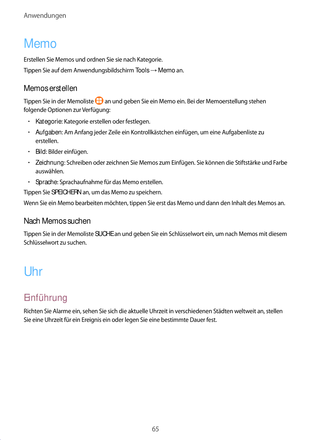 Samsung SM-G389FDSADBT manual Uhr, Memos erstellen, Nach Memos suchen 