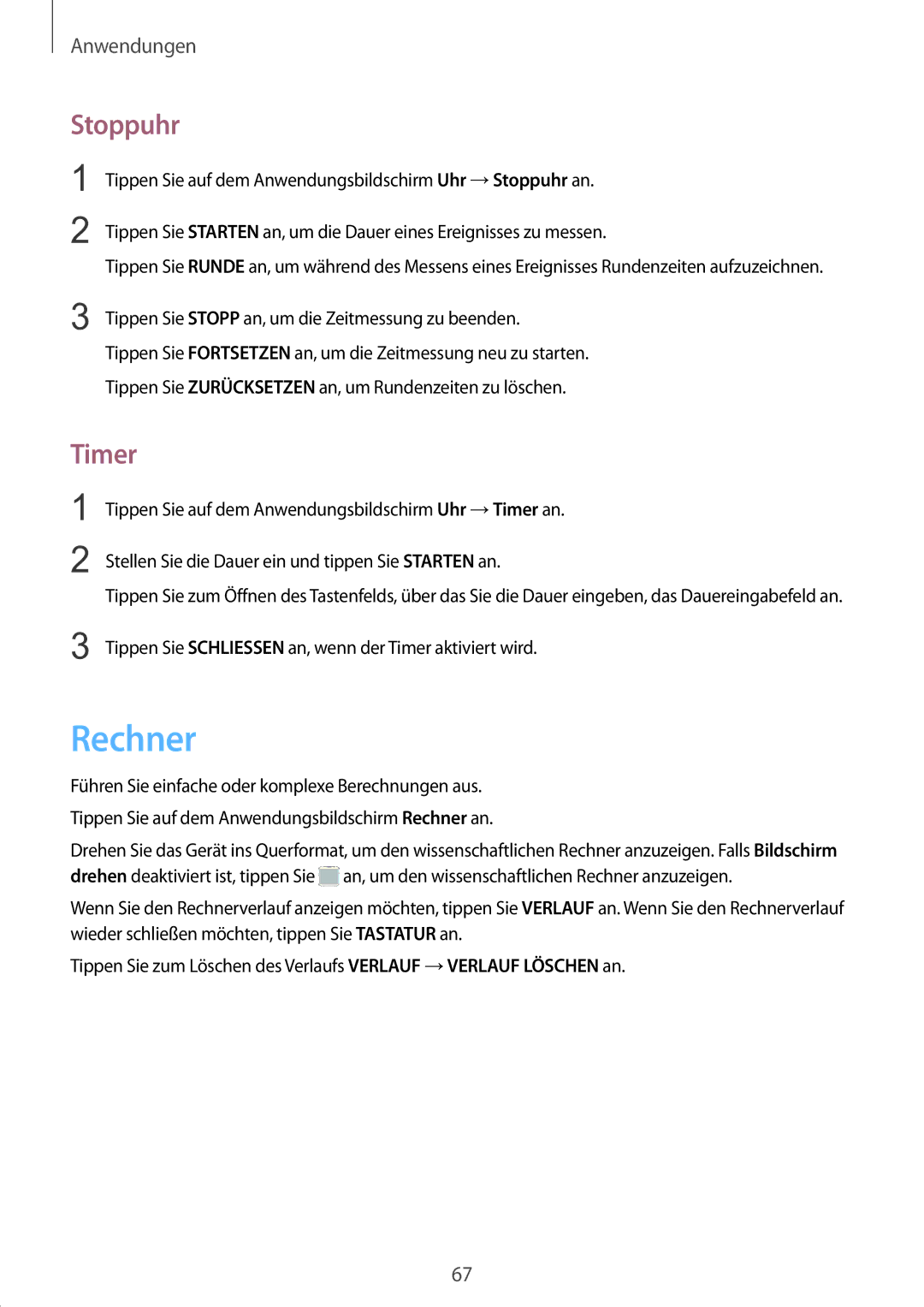 Samsung SM-G389FDSADBT manual Rechner, Stoppuhr, Timer, Tippen Sie Stopp an, um die Zeitmessung zu beenden 